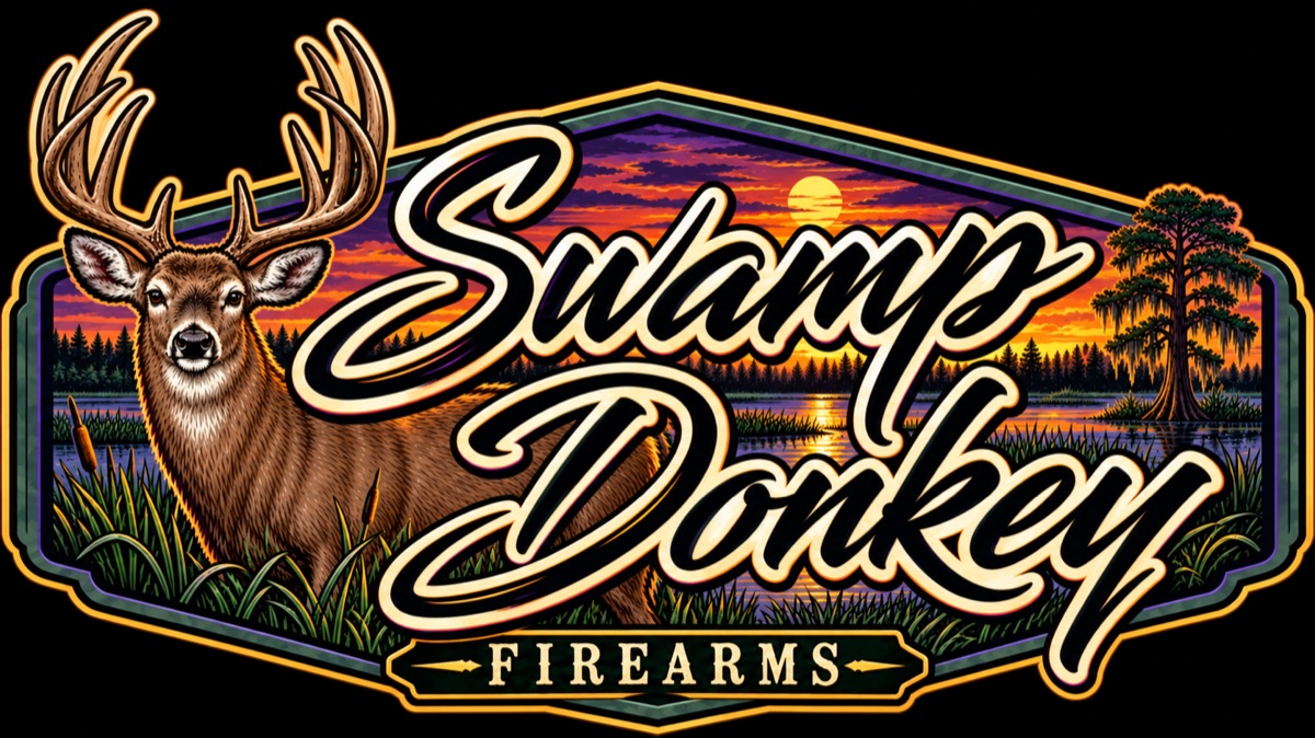 Swamp Donkey Firearms logo: a whitetail buck in front of a Florida swamp at sunset